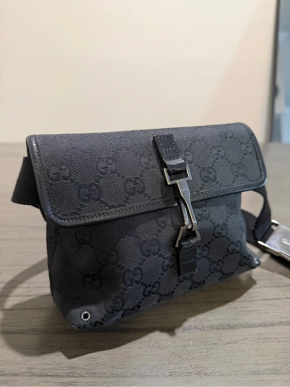 Gucci Black GG Monogram with Web Strap Belt Bag